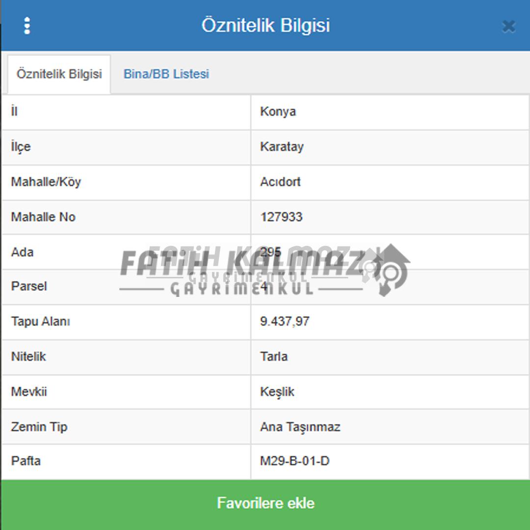 Karatay Acıdort'da Satılık Tarla - Müstakil Tapu - 9.437 M2